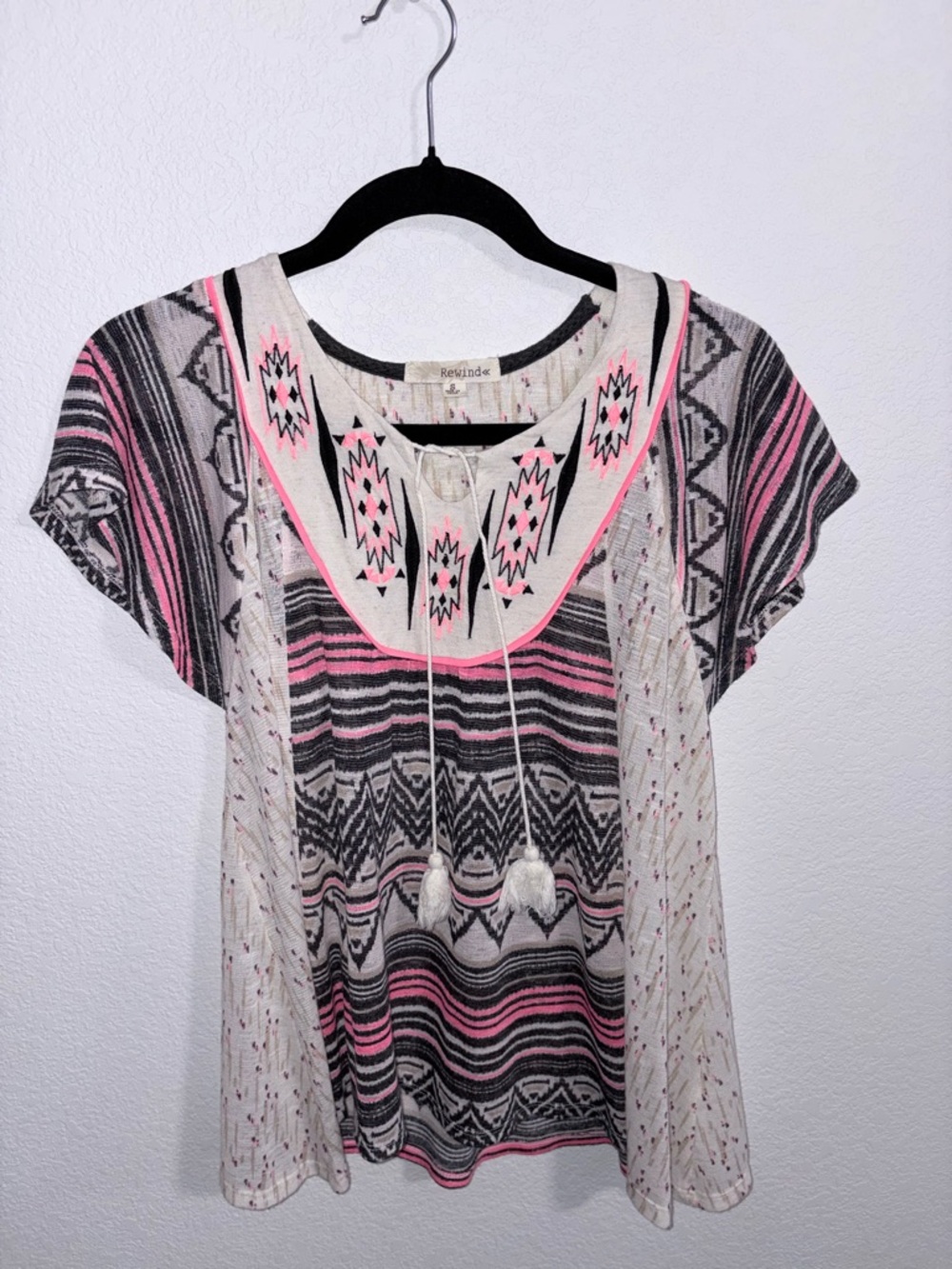 Rewind Pink and Black Aztec Tassel Peasant Blouse